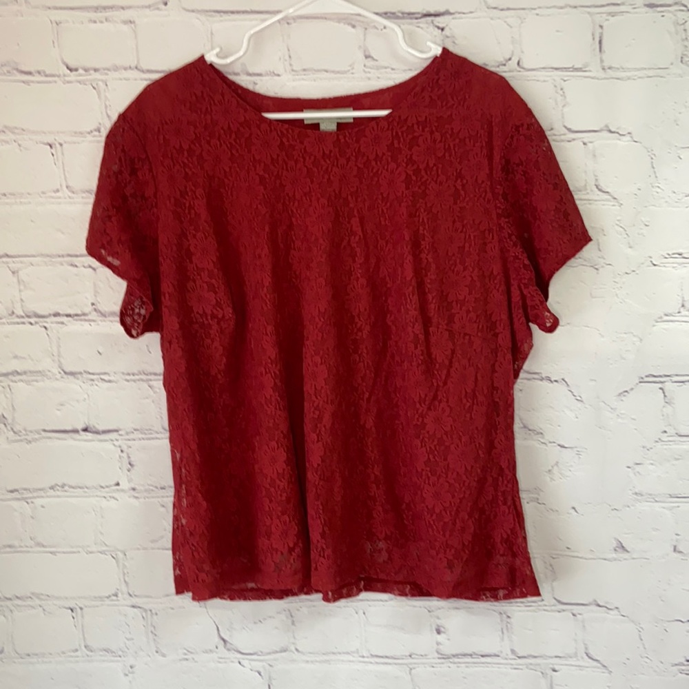 Kate Hill Red Floral Lace Short Sleeve Blouse